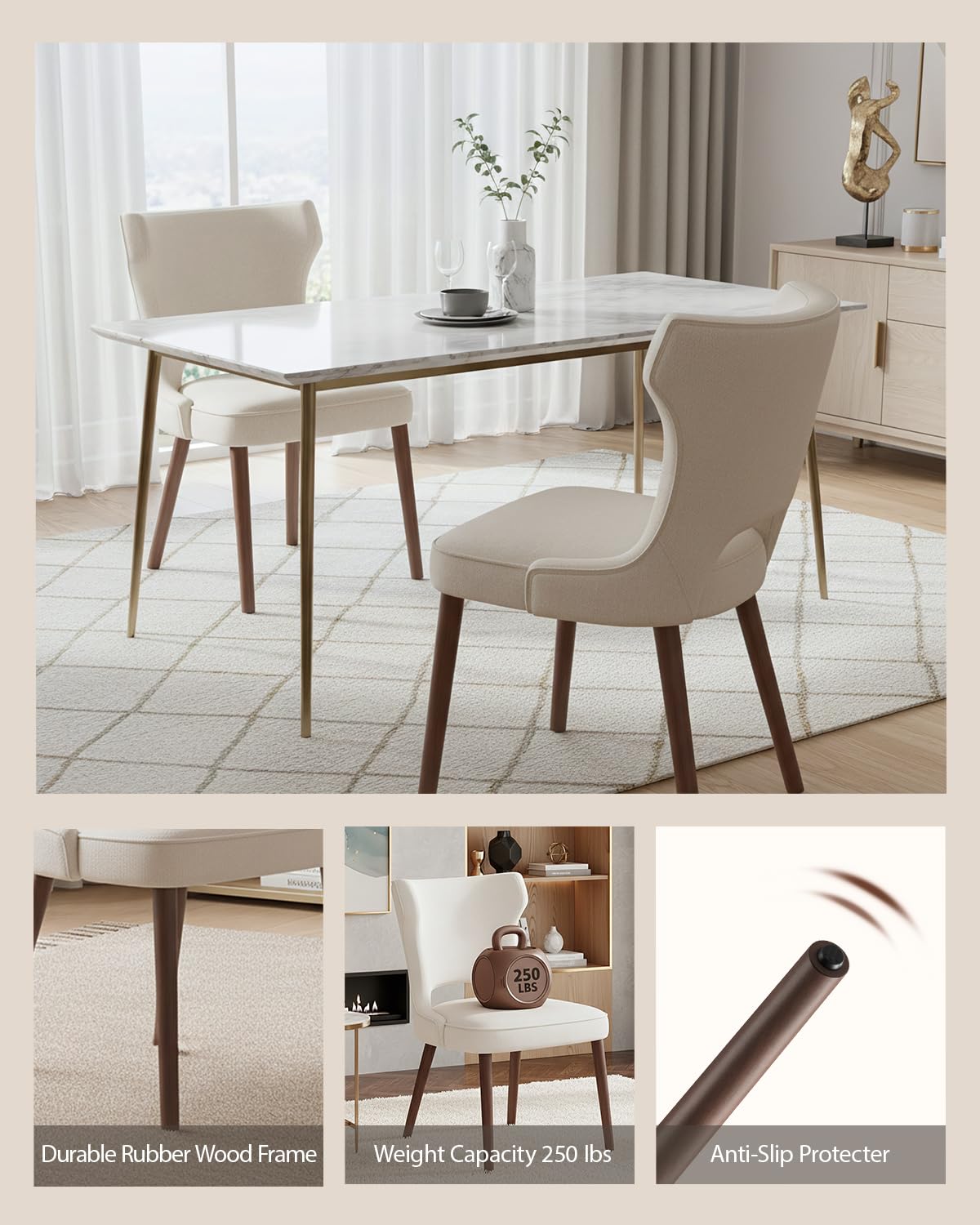 Homixis Wooden Dining Chairs Set of 4, Farmhouse Dining Room Chairs, Modern Kitchen Chairs, Upholstered Chair for Restaurant & Cafe, Beige Homixis