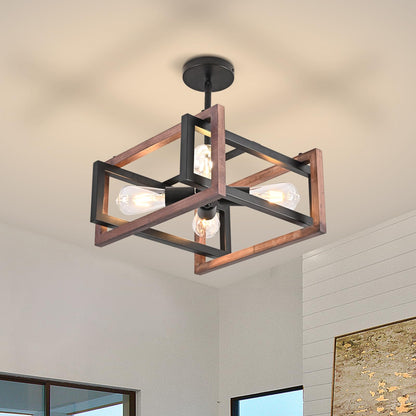 HuisMier 4-Light Farmhouse Ceiling Light Fixtures, Rustic Wood and Metal Semi Flush Mount Ceiling Light Black Industrial Chandelier for Dining Room Hallway Kitchen Entryway Bedroom Living Room