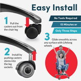 Lifelong Office Chair Wheels Replacement Rubber Desk Chair Casters for Hardwood Floors and Carpet, Set of 5, Heavy Duty Casters for Chairs to Replace Office Chair Mats - Fits 98% Lifelong