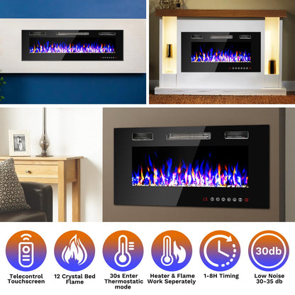 60 inch Wall Mounted Electric Fireplace, Multi LED Flames Fireplace Insert with Crystal, 750/1500W Fireplace Heater,Remote/Touch Screen Control Recessed Fireplace for Halloween,1-8H Timer / 400 Sq.