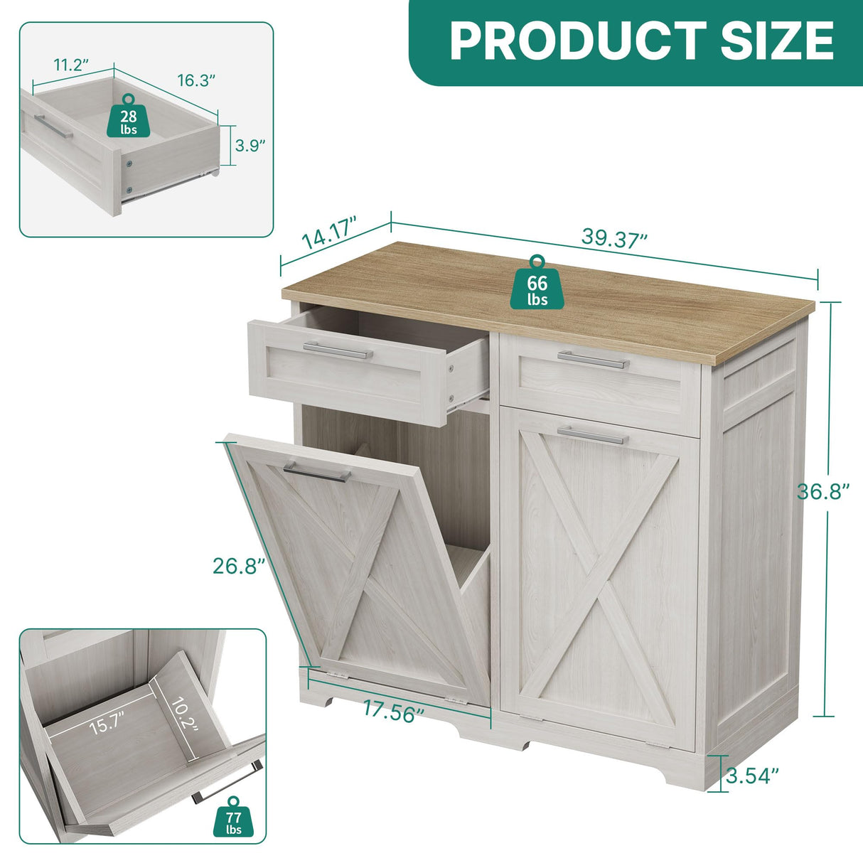 YITAHOME Double Tilt Out Trash Cabinet 20 Gallon, Wooden Free Standing Laundry Cabinet with Barn Doors, Kitchen Trash Recycling Cabinet with 2 Drawer, Tilt-Out Hamper for Kitchen, Off White YITAHOME