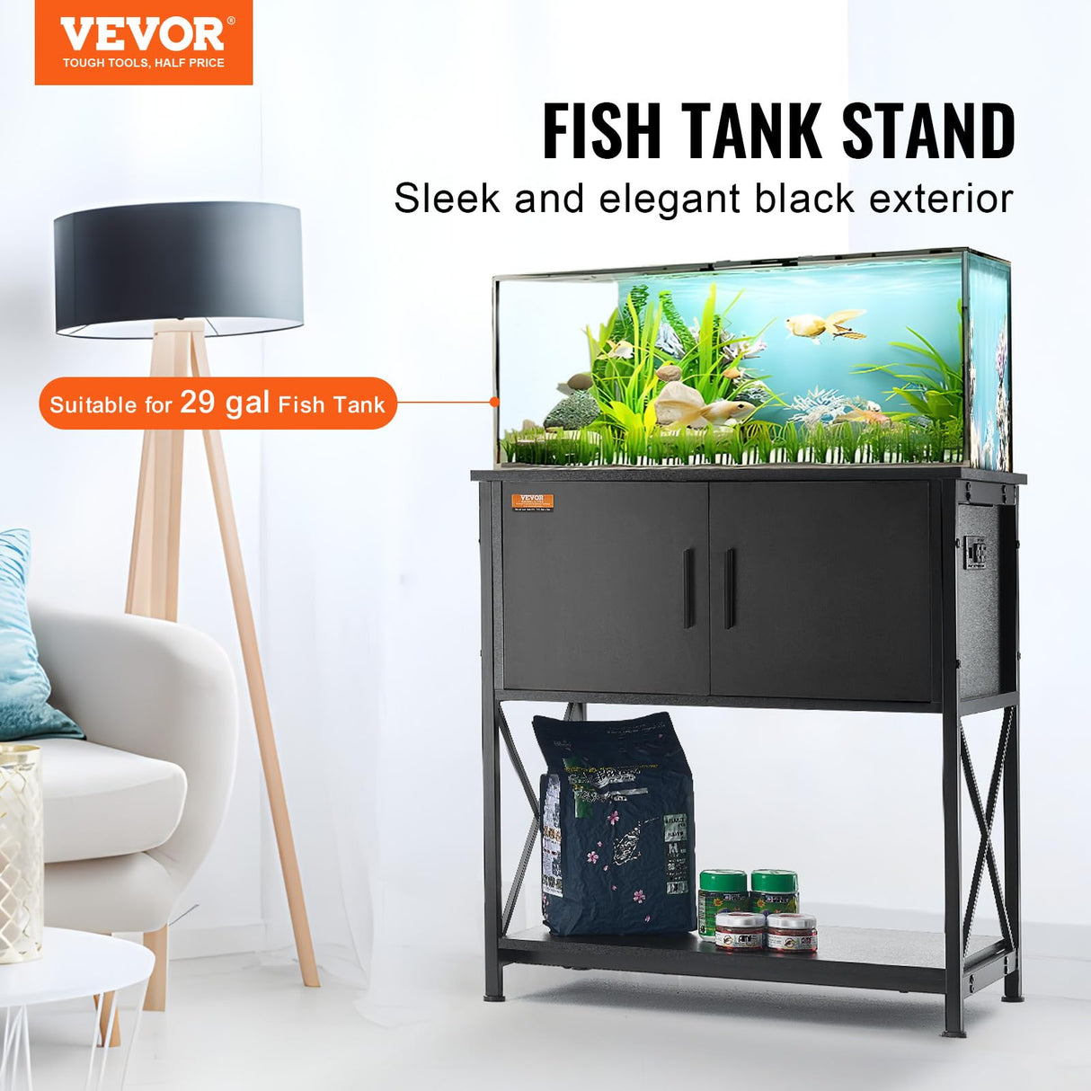 VEVOR Aquarium Stand, 29 Gallon Fish Tank Stand, 28.7 x 16.5 x 30 in Steel and MDF Turtle Tank Stand, 242.5 lbs Load Capacity, Reptile Tank Stand with Storage Cabinet and Embedded Power Panel, Black VEVOR