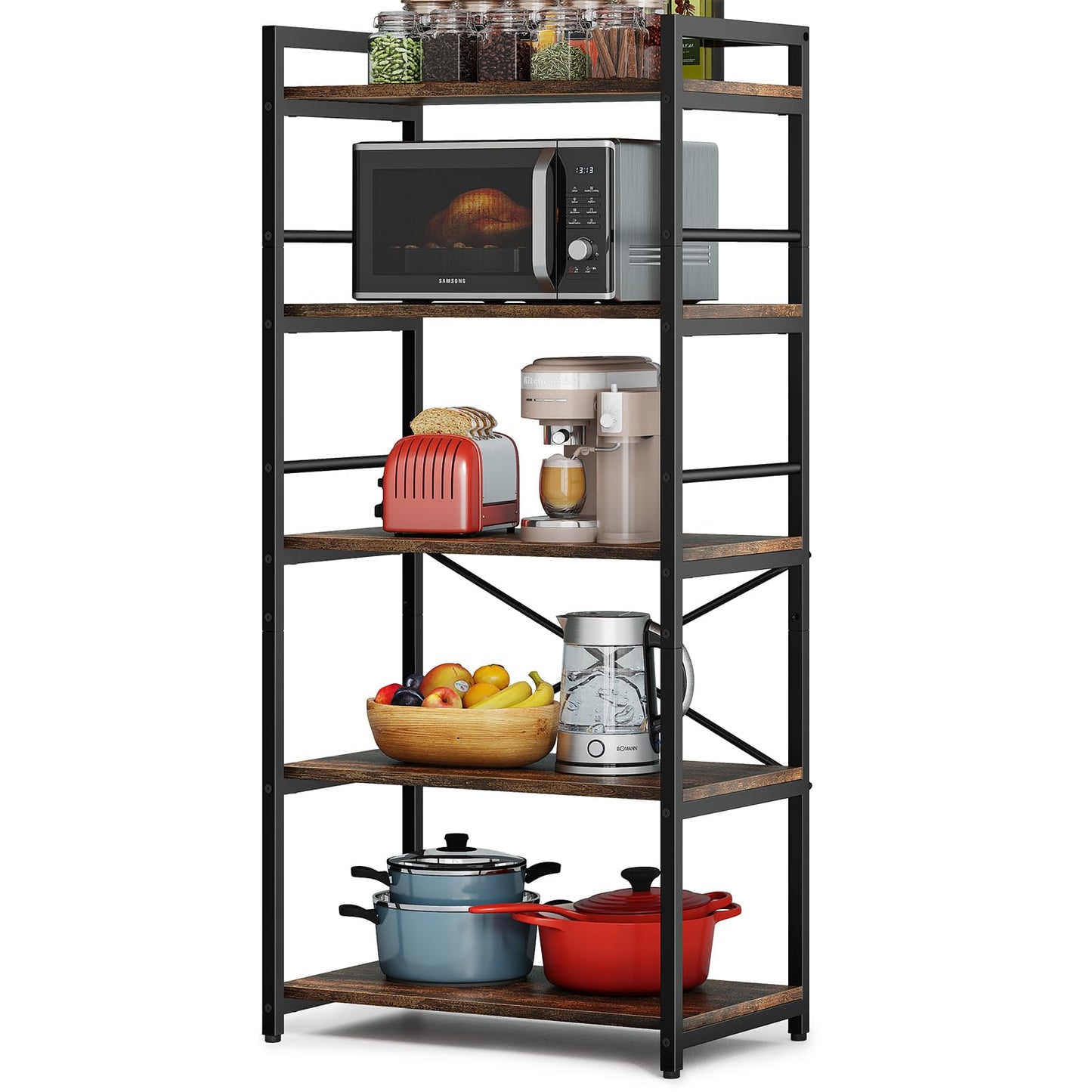 Denkee 5-Tier Bakers Rack for Kitchen with Storage, Industrial Microwave Stand Oven Shelf, Free Standing Kitchen Storage Shelf Rack (23.62 L x 15.75 W x 60.24 H, Rustic Brown)