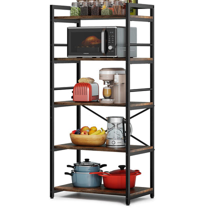 Denkee 5-Tier Bakers Rack for Kitchen with Storage, Industrial Microwave Stand Oven Shelf, Free Standing Kitchen Storage Shelf Rack (23.62 L x 15.75 W x 60.24 H, Rustic Brown)