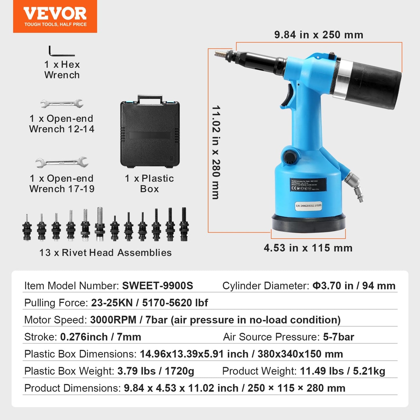 VEVOR Air Riveter, Pneumatic Air Riveter, 20.2KN Pulling Force Pop Rivet Gun Tool Kit, Heavy Duty Air Hydraulic Rivet Gun for Mechanic Tool, Construction, Home Improvement - With 13 Size Nose - WoodArtSupply