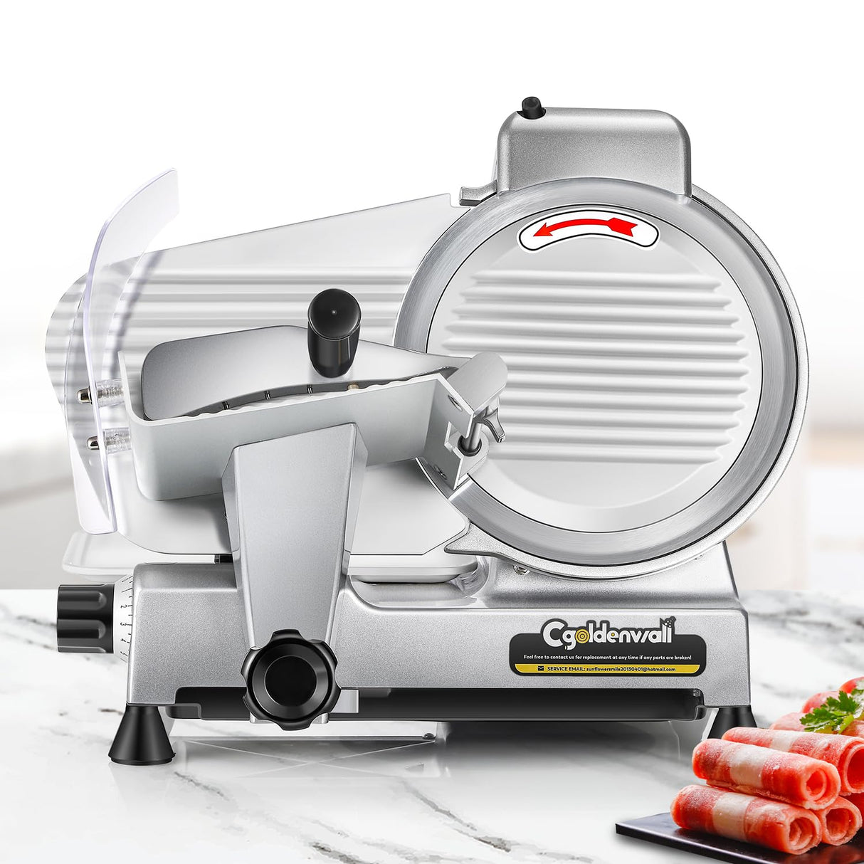 CGOLDENWALL Meat Slicer Machine 10" Commercial Meat Slicer 240W Electric Deli Meat Cheese Food Slicer 0-1/2" Adjustable Thickness Semi-Auto Frozen Meat Slicer for Home, Copper Motor Low Noise Durable CGOLDENWALL