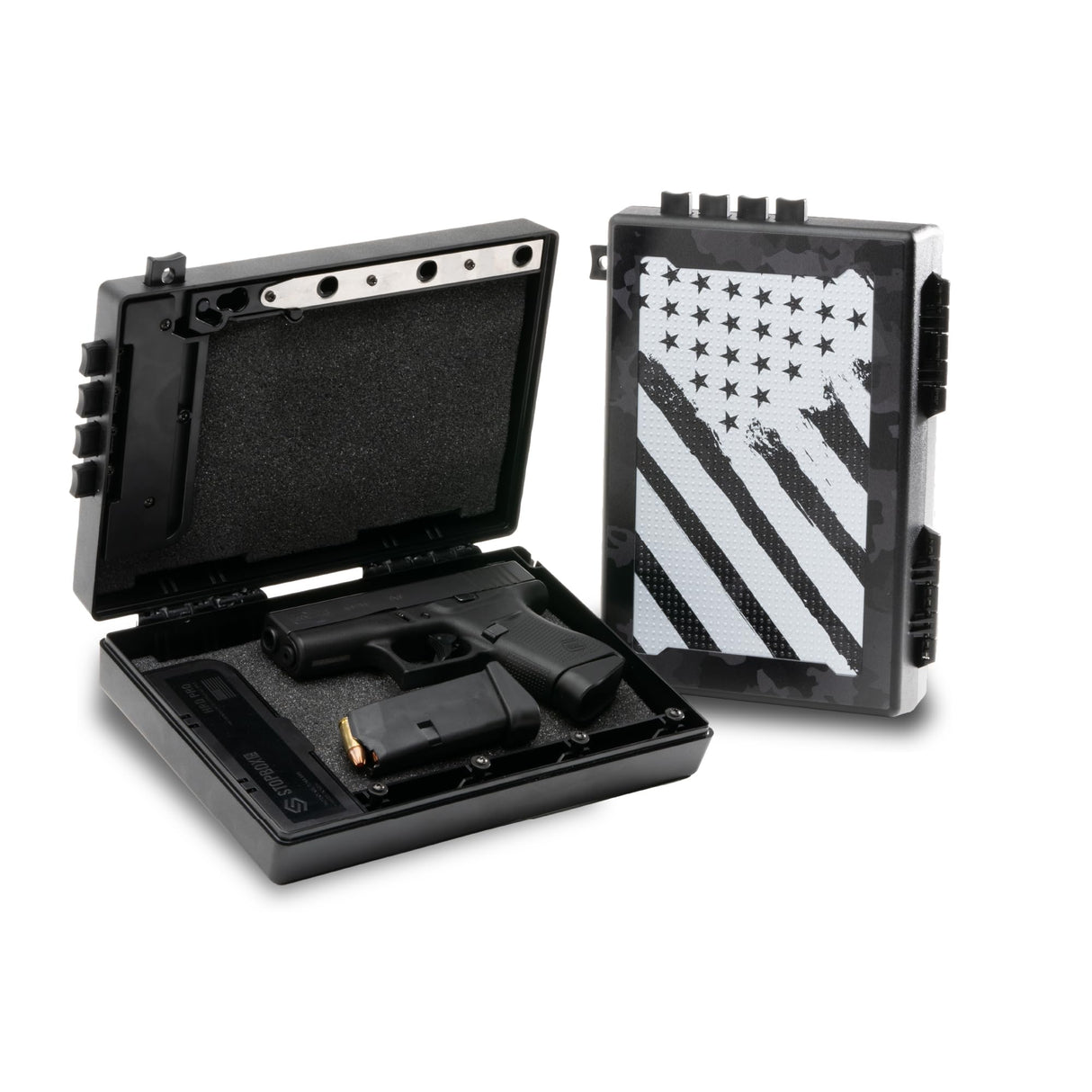 STOPBOX Gun Safe Alternative - Tactical Handgun Storage, Instant Access Portable Gun Case, TSA Compliant Gun Lock Box for Quick Handgun Access| FLAG CAMO + BLACK (2 Pack) | Compact Only STOP BOX