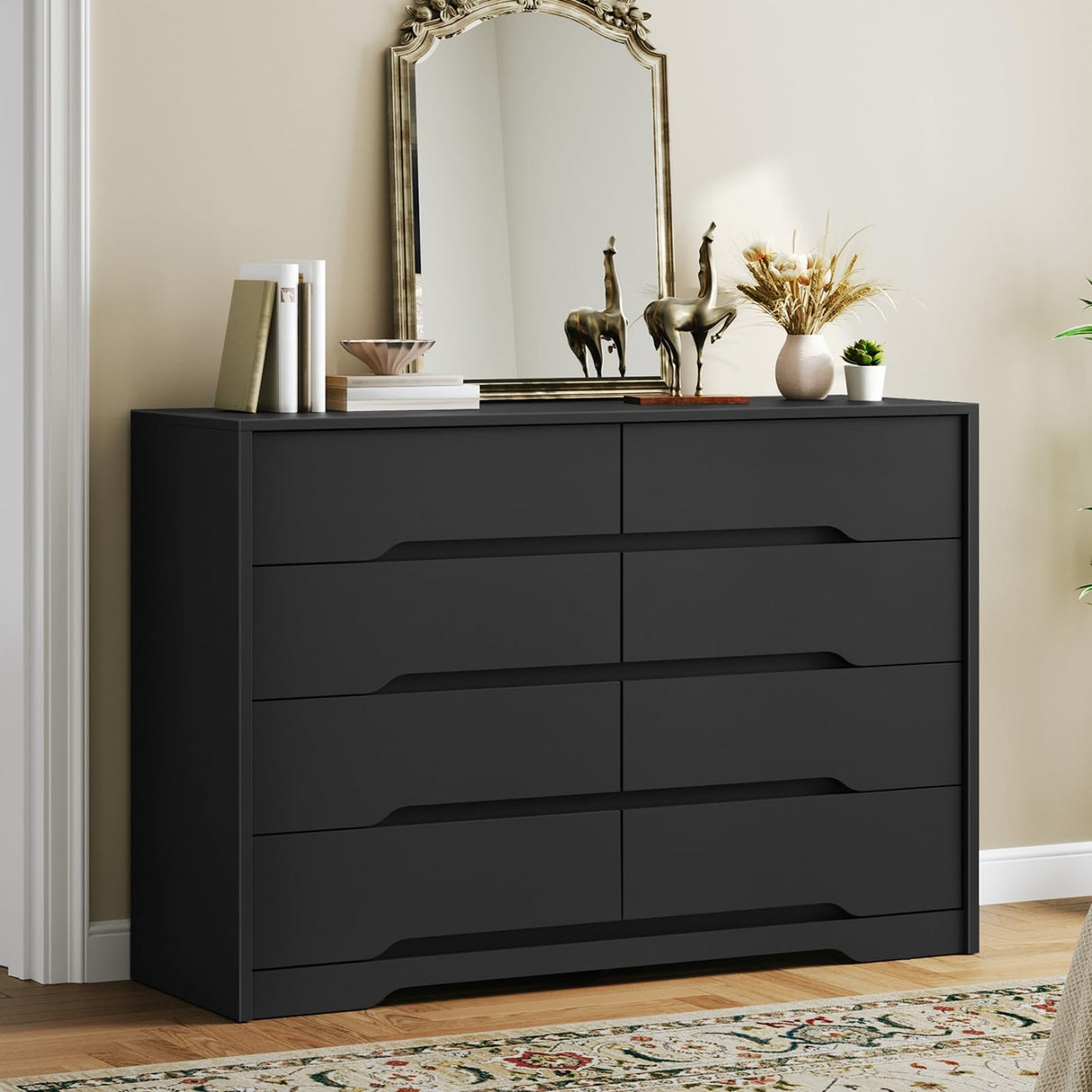 RALGEND 8 Drawer Dresser for Bedroom, White Double Chest of Drawers, Modern Wooden Dresser with Handless Design, Minimalism Style, for Bedroom, Living Room, Hallway, Entryway, Black RALGEND