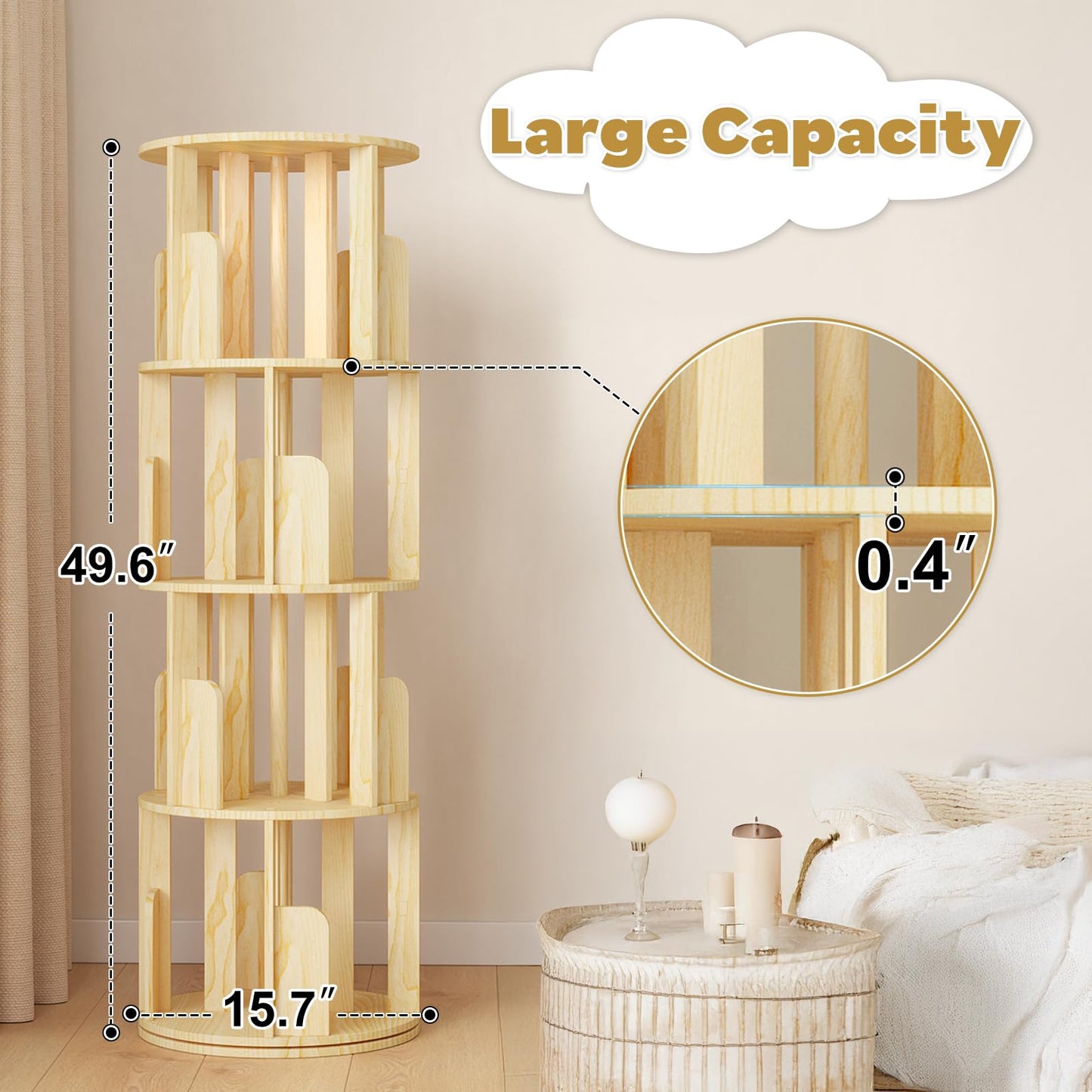 YGYQZ Rotating Bookshelf, 4 Tier Floor Standing Bookcase Wood for Kids & Adult360 Display Narrow Book Shelf Organizer Storage Rack for Bedroom, Living Room, Study Room