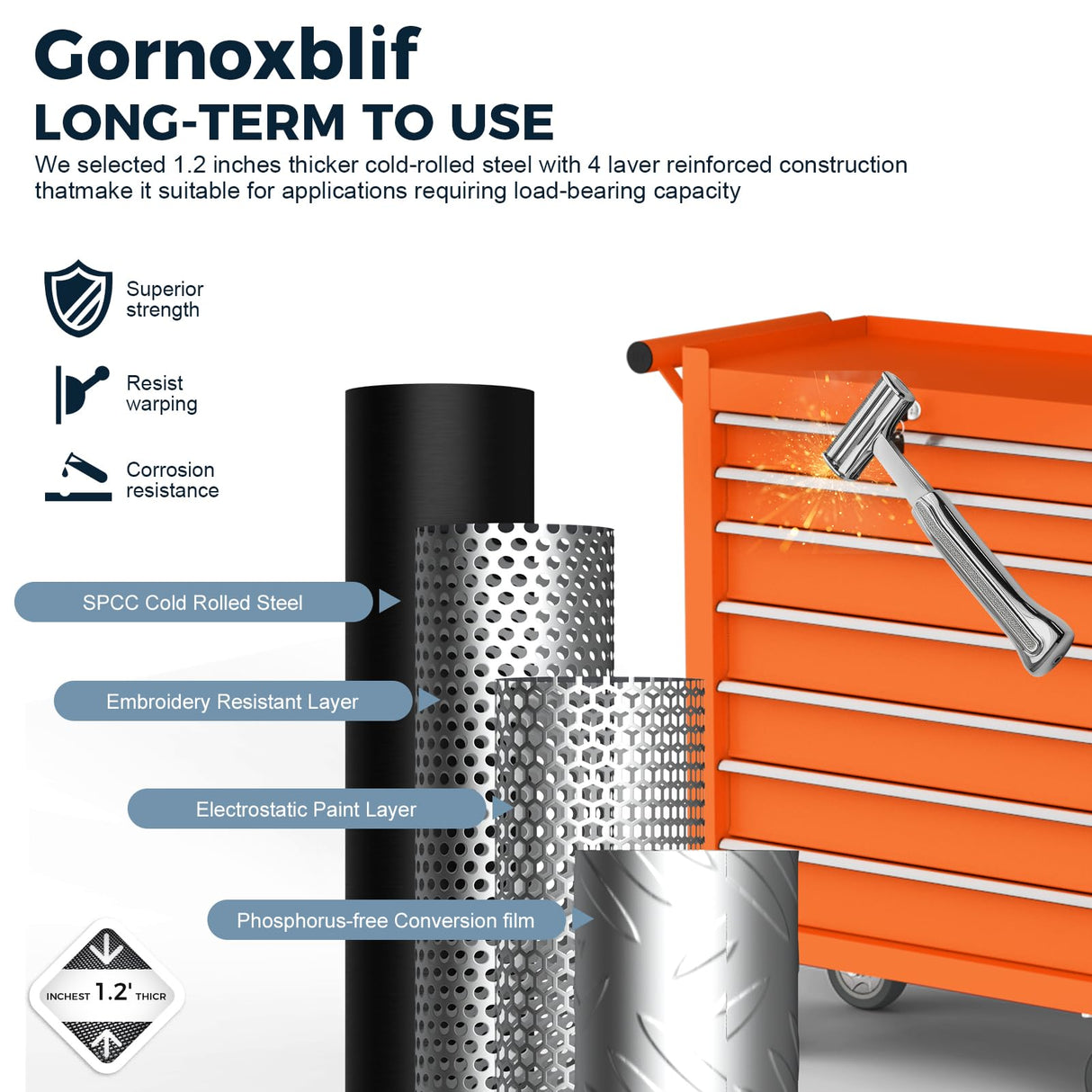 Gornoxblif 7-Drawers Orange Metal Rolling Tool Chest with Wheels,Tool Storage Cabinet with Locking System，Toolbox with Wheels for Garage, Warehouse, Workshop, Repair Shop Gornoxblif
