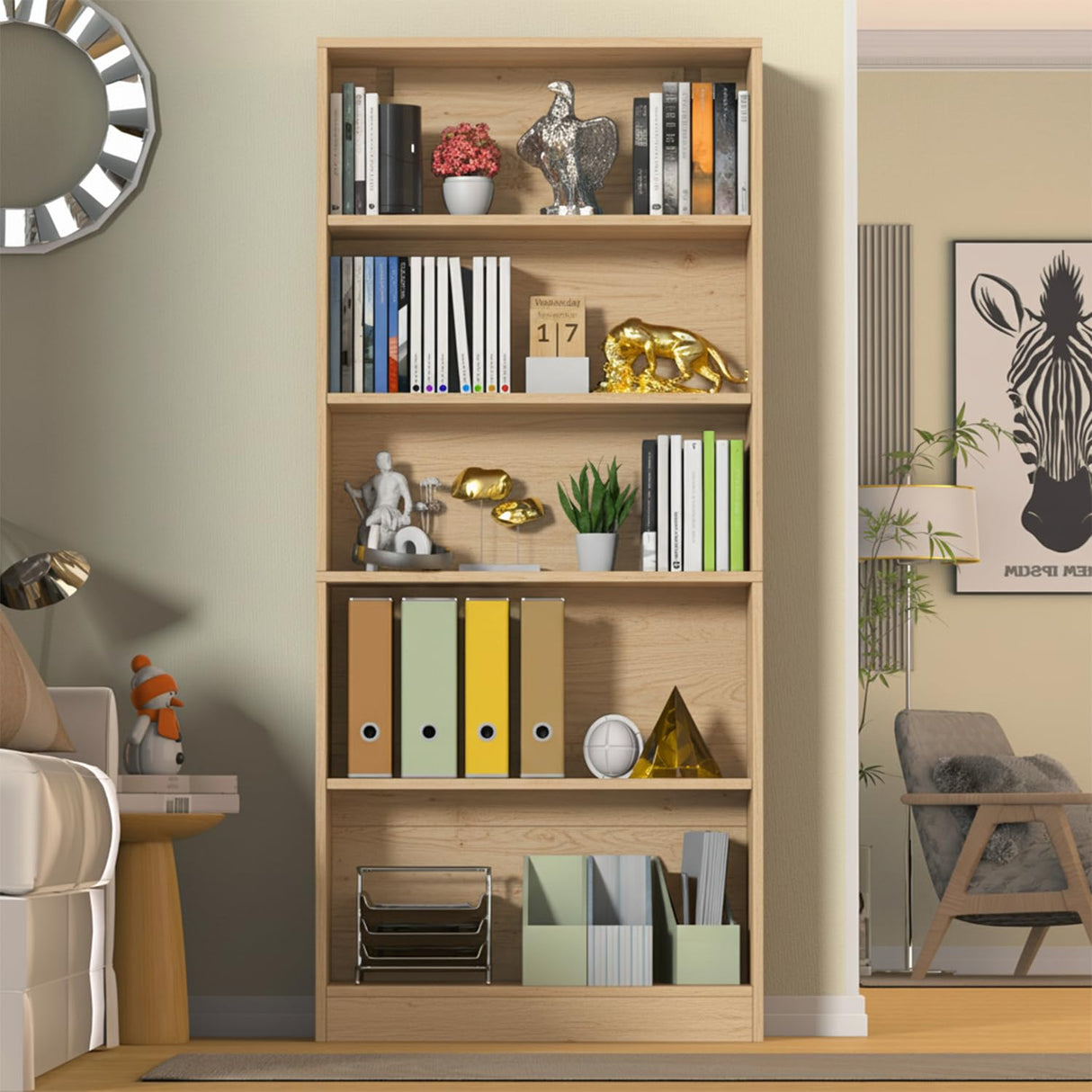 holzart 71" Tall Book Shelf, 5 Tier Large Bookshelf, Standing Wood Display Book Shelf for Living Room, Office, Library with Doors, 31.5" W x 70.87" H x 11.81" D, Oak holzart