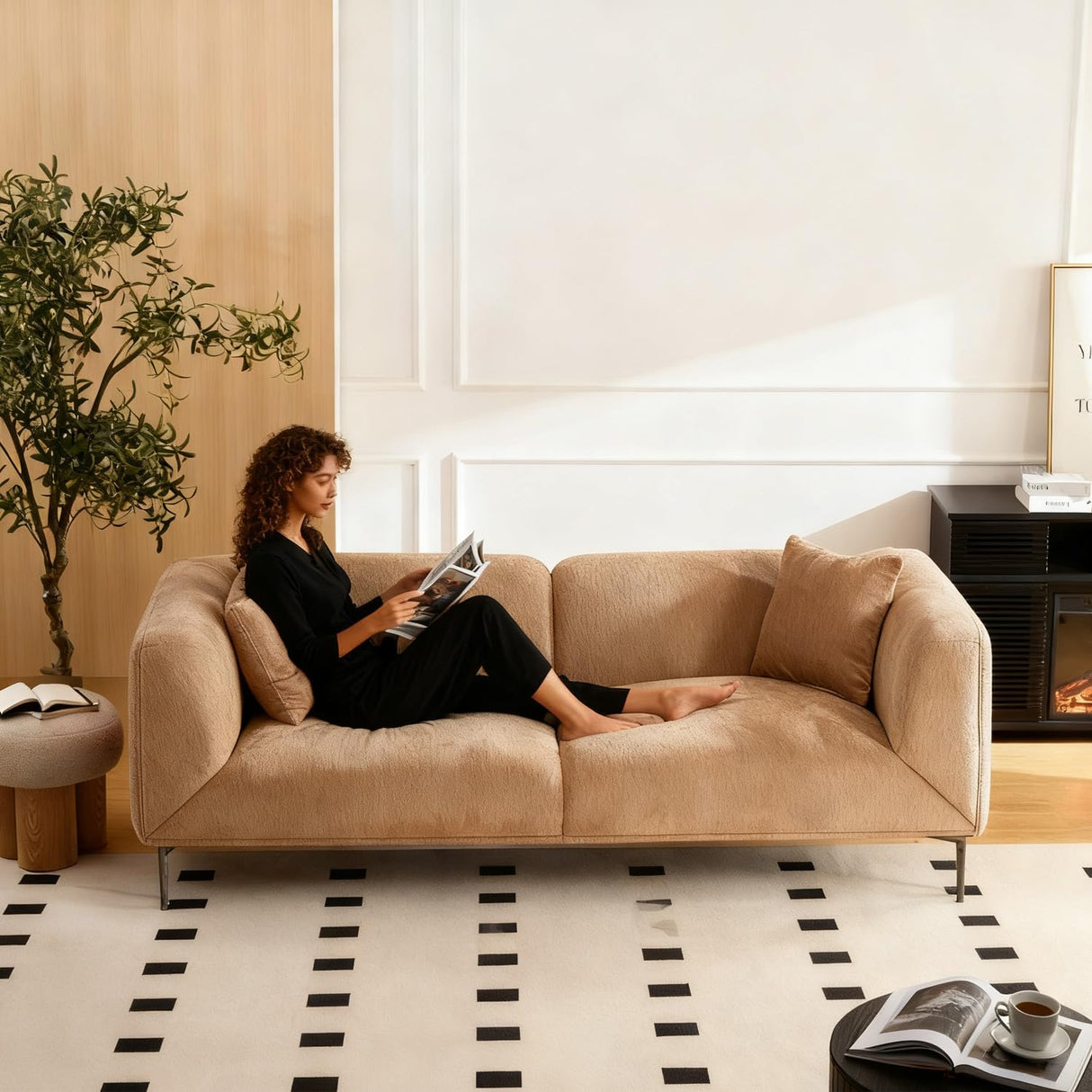 YOPENG 82" Modern Sofa 3-Seater Upholstered Couch with Metal Legs, Luxury Comfy Tuxedo Sofas, Soft Boucle Loveseat Minimalist Curved Couches for Living Room Bedroom Home Office Apartment, Camel YOPENG