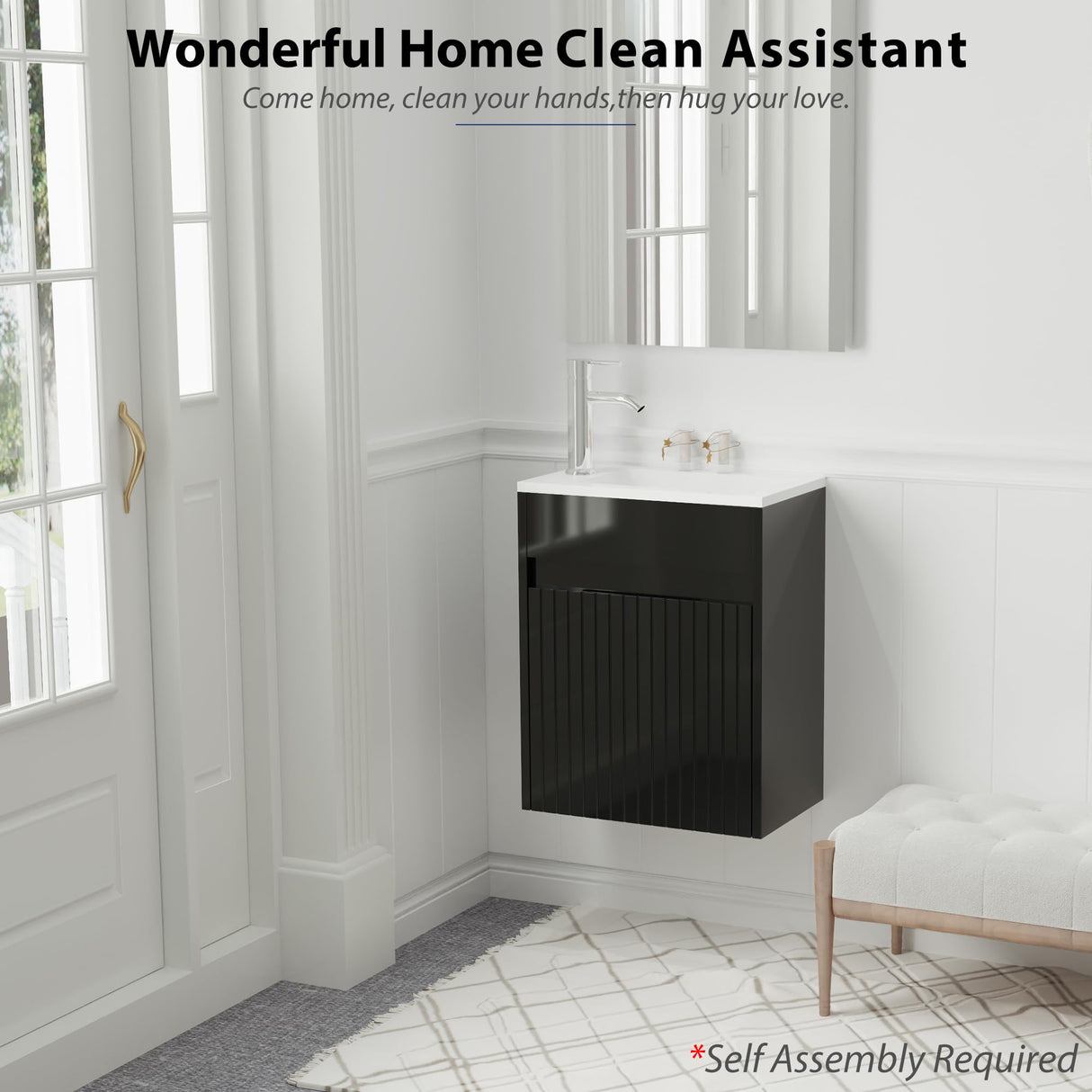 eclife 16" Small Bathroom Vanity Sink Combo, Modern Painted Wall Mounted Floating Cabinet W/Decoration Lines, Resin Basin Sink Top, Chrome Water Save Faucet & Pop Up Drain (Piano Black) eclife