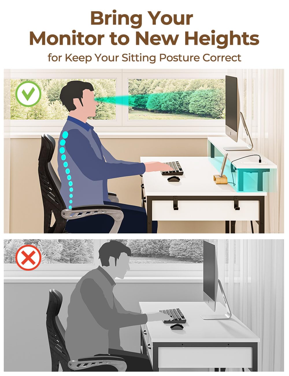 Rolanstar Computer Desk with Power Outlets & LED Light, 47 inch Home Office Desk with Drawers and Storage Shelves, Writing Desk with Monitor Stand, Modern Work Study Desk for Home Office, White Rolanstar