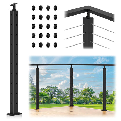 Gyykzz 36" Black Corner Post Cable Railing, 90 Degree L-Drilled One-Post Corner Solution for Deck Railing System, Heavy-Duty Stainless Steel T304 Corner Handrail Post for Indoor Outdoor Deck Balcony Gyykzz