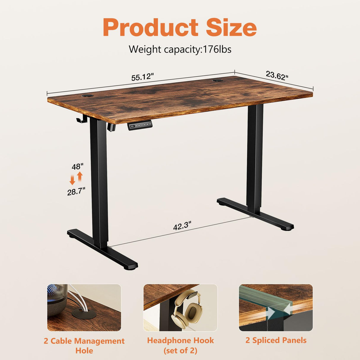 Sweetcrispy Electric Standing Desk Adjustable Height, 55x24 Inch Sit Stand Up Home Office Desks Computer Workstation PC Work Table with 3 Memory Preset Splice Wood Board Metal Frame, Rustic Sweetcrispy