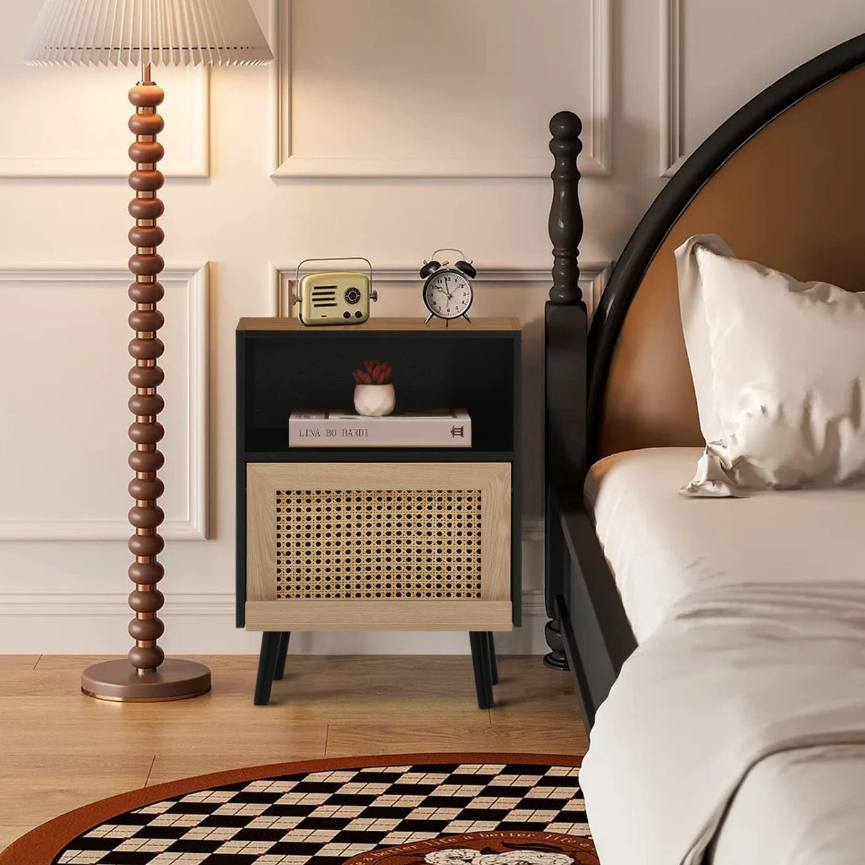 Anbuy Rattan Nightstand Set of 2, Wooden End Side Table, Bedside Table with Open Storage Shelve and Door, Night Stands for Bedroom Living Room 2-Pack Anbuy