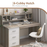 MaverickFurni Walnut and White Desk with 3 Drawers, Small Desk with Storage, Study Desk with Hutch, Kids Desk with Drawers, Wooden Computer Desk for Bedroom MaverickFurni
