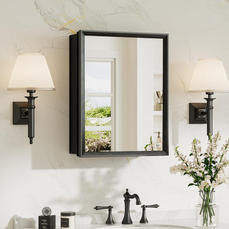 TokeShimi 14 x 18 Recessed Medicine Cabinet, Assembly Required, Black Bathroom Medicine Cabinet with Mirror, Stepless Adjustable Shelves, Tempered Glass, Beveled Aluminum Frame TokeShimi