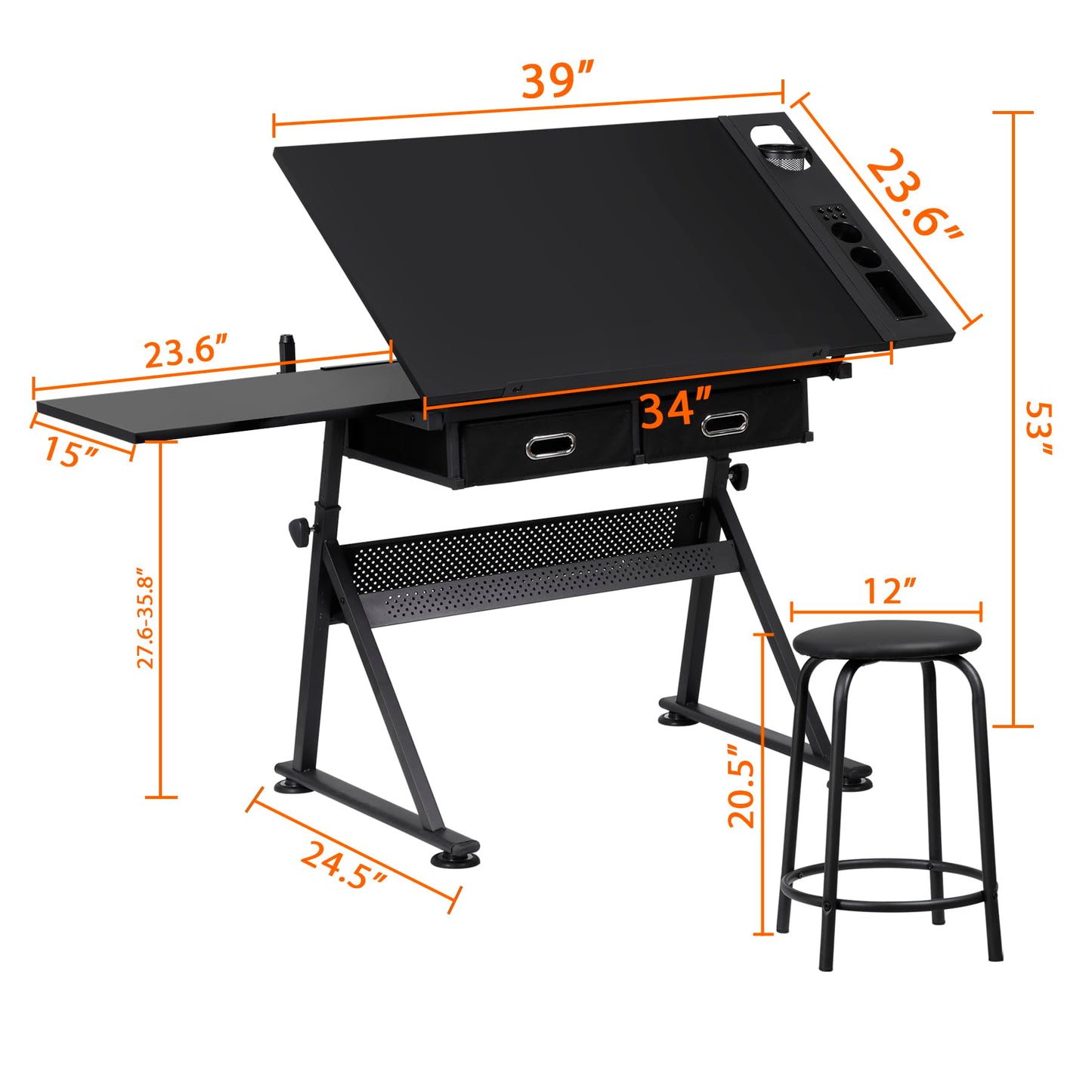 BBBuy Drafting Table Drawing Desk Art&Craft Work Station Height Adjustable Tilting Tabletop Craft Table Desk w/Stool and 2 Storage Drawers for Home Office Study Room, Black