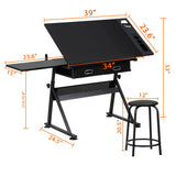 BBBuy Drafting Table Drawing Desk Art&Craft Work Station Height Adjustable Tilting Tabletop Craft Table Desk w/Stool and 2 Storage Drawers for Home Office Study Room, Black BBBuy