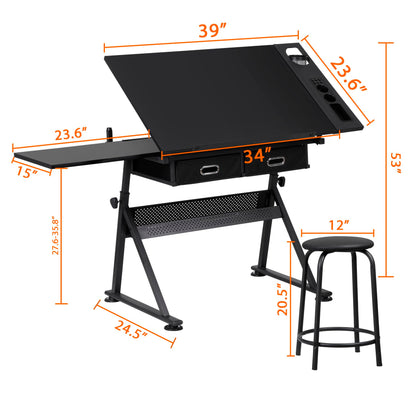 BBBuy Drafting Table Drawing Desk Art&Craft Work Station Height Adjustable Tilting Tabletop Craft Table Desk w/Stool and 2 Storage Drawers for Home Office Study Room, Black