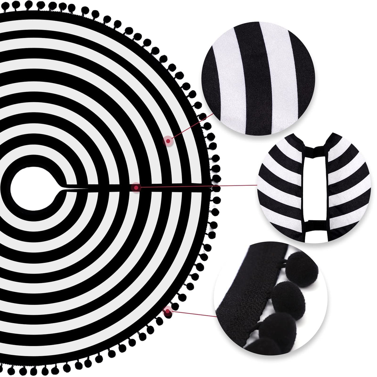MACTING Christmas Black and White Tree Skirt, 30 Inch Annual Rings Tree Mat with Pom Poms for Xmas Tree Halloween Indoor Home Holiday Party Christmas Decorations MACTING