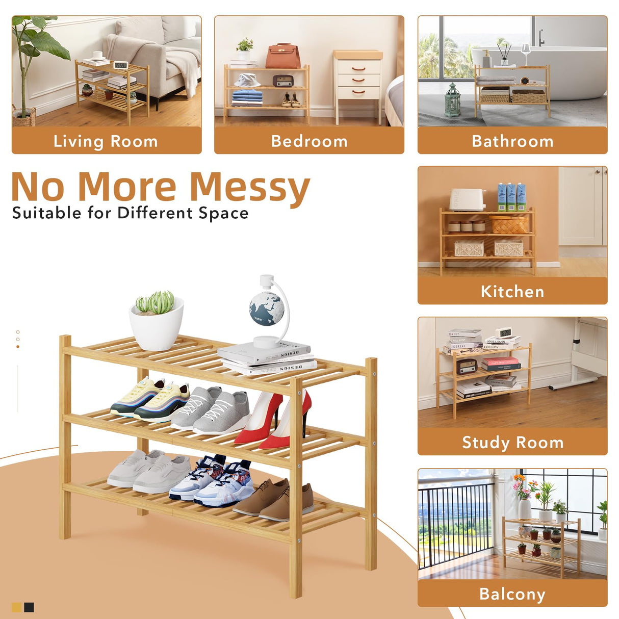 Buymoth 3 Tier Bamboo Shoe Rack Storage Organizer for Closet, Multifunctional Stackable Free Standing Shoe Shelf Organizer for Small Space,Entryway, Hallway, Bathroom 27"x11"x19" (Natural, 3 Tier) Buymoth