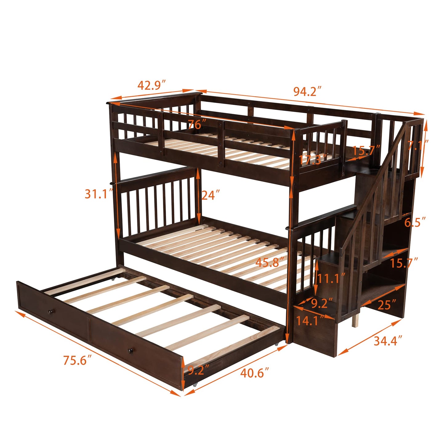 Twin Over Twin Bunk Bed with Trundle and Stairs, Solid Wood Bunk Beds Frame with Storage for Kids, Teens, Adults, Bedroom, Dorm. No Box Spring Needed (Espresso)