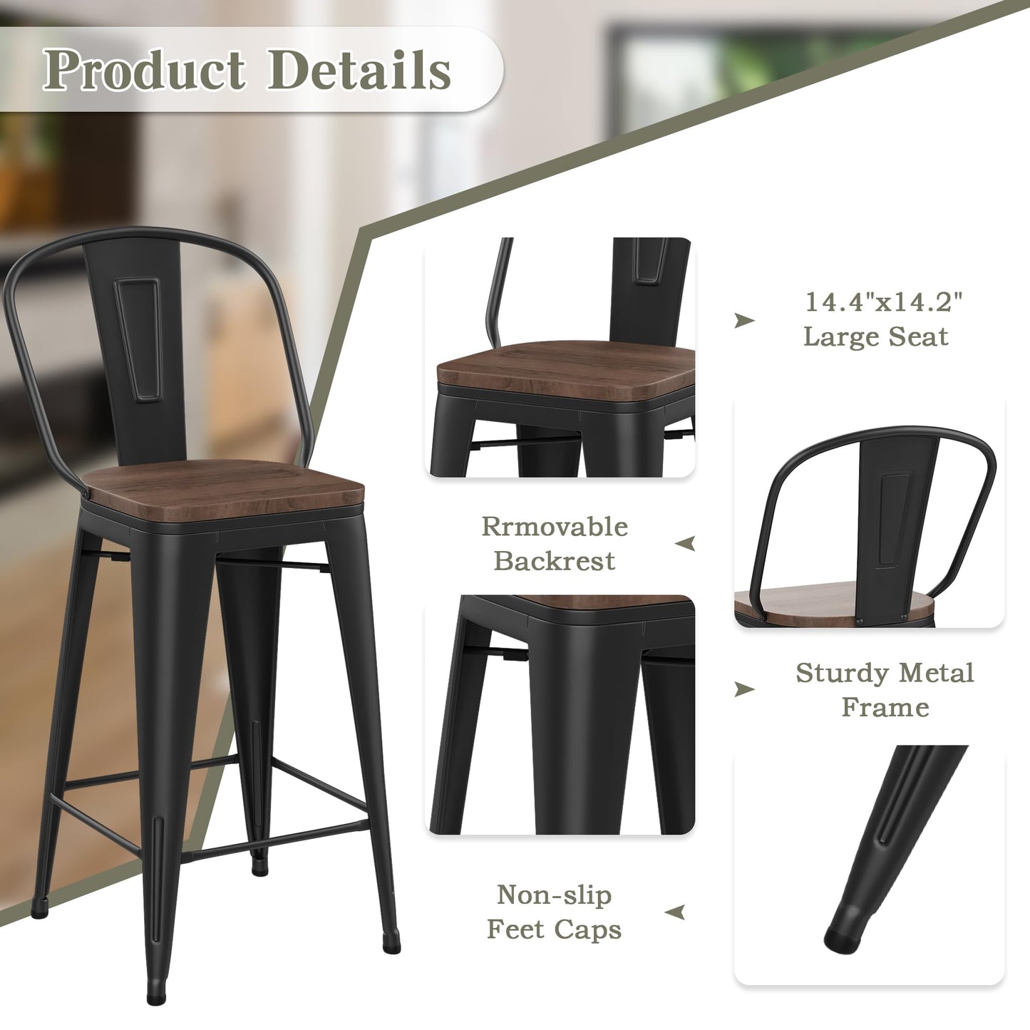 Yongqiang 26 inch Bar Stools Set of 4 High Back Metal Kitchen Counter Height Chairs Barstools with Wooden Seat Industrial Matte Black
