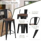 Yongqiang 26 inch Bar Stools Set of 4 High Back Metal Kitchen Counter Height Chairs Barstools with Wooden Seat Industrial Matte Black Yongqiang