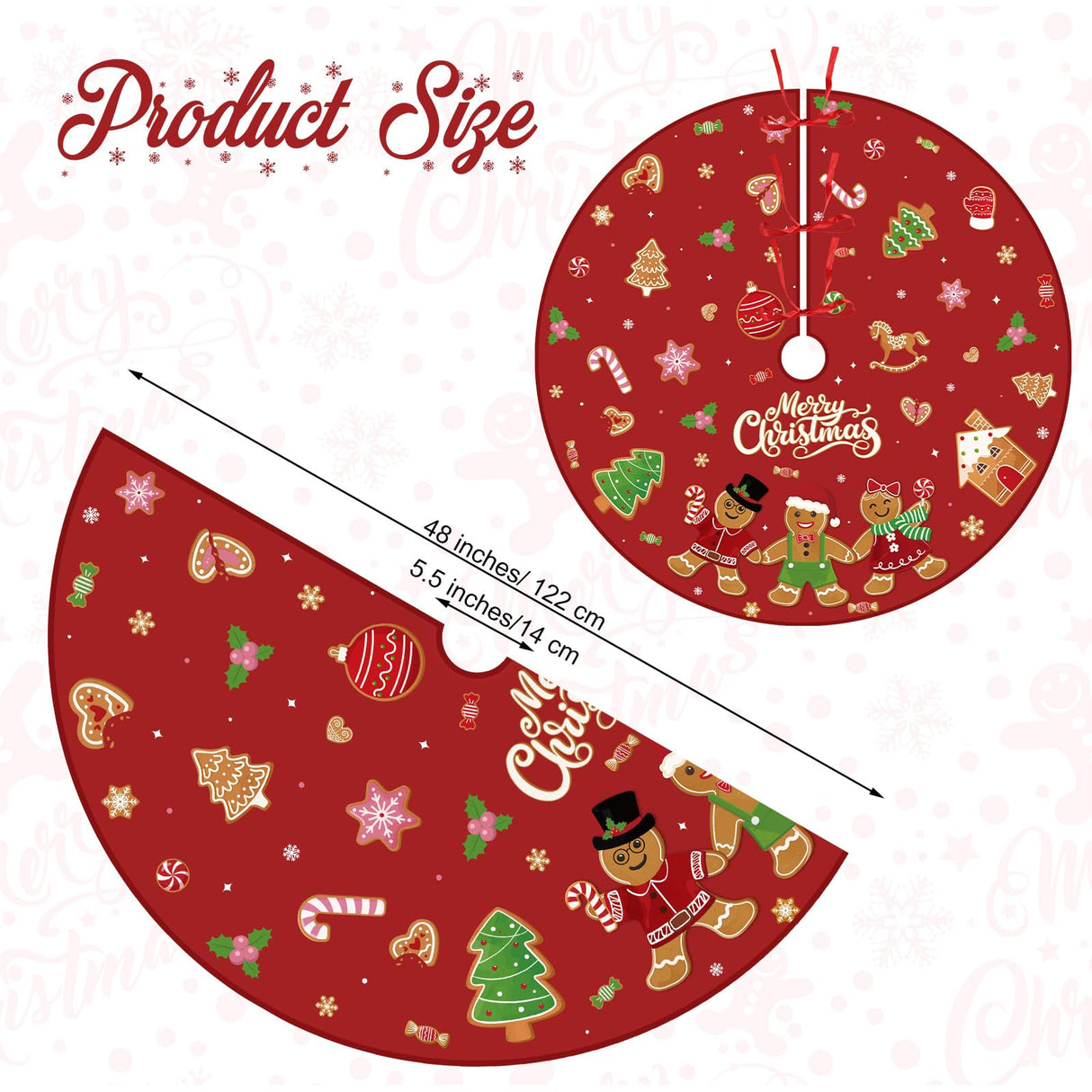 Marspark Merry Christmas Tree Skirt 48 Inch Gingerbread Man Christmas Tree Mat with Cute Candy Cane Snowflakes Xmas Ornaments for Winter Holiday Xmas New Year Party Decor Supplies(Red) Marspark