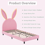 VECELO Pink Twin Bed Frame with Bunny Ear Headboard, Upholstered Velvet Padded for Girls, Sturdy Wood Slats, No Box Spring Needed VECELO