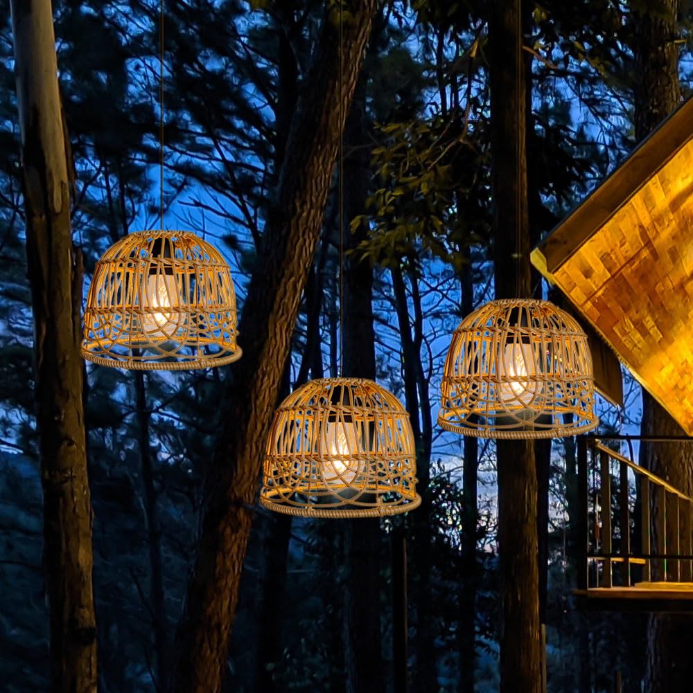 Outdoor Pendant Light Chandelier for Gazebo Battery Operated Boho Hanging Lamp Bamboo Handmade Rattan Decorative Lights LED Lantern Bulb Powered by 4*AA Batteries for Porch Patio Backyard Decor YIKEGE LICHT