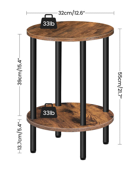 CHOEZON Round Side Table, 2-Tier End Table, Small Round Nightstand with Sturdy Metal Tube, Industrial Circular Coffee Table, for Living Room, Bedroom, Rustic Brown and Black TBZ01BF CHOEZON