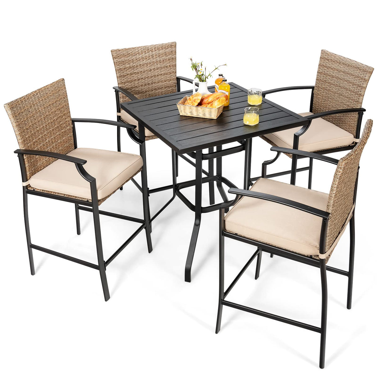 Tangkula 5 Pieces Outdoor Patio Bar Set, Rattan Bistro Set W/ 4 Wicker Bar Stools & 1 Bar Table, Heavy-Duty Steel Frame, Soft Cushions, Patio Conversation Set for Courtyard, Poolside, Garden (Beige) Tangkula
