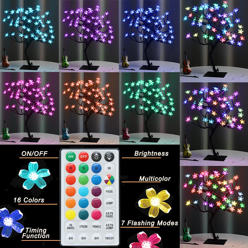 Pooqla 18 Inch 48 LED RGB Cherry Blossom Tree Light with Remote 16 Color-Changing LED Artificial Flower Bonsai Tree Table Top Lamp Home Lit Tree Centerpieces Christmas Decor Pooqla