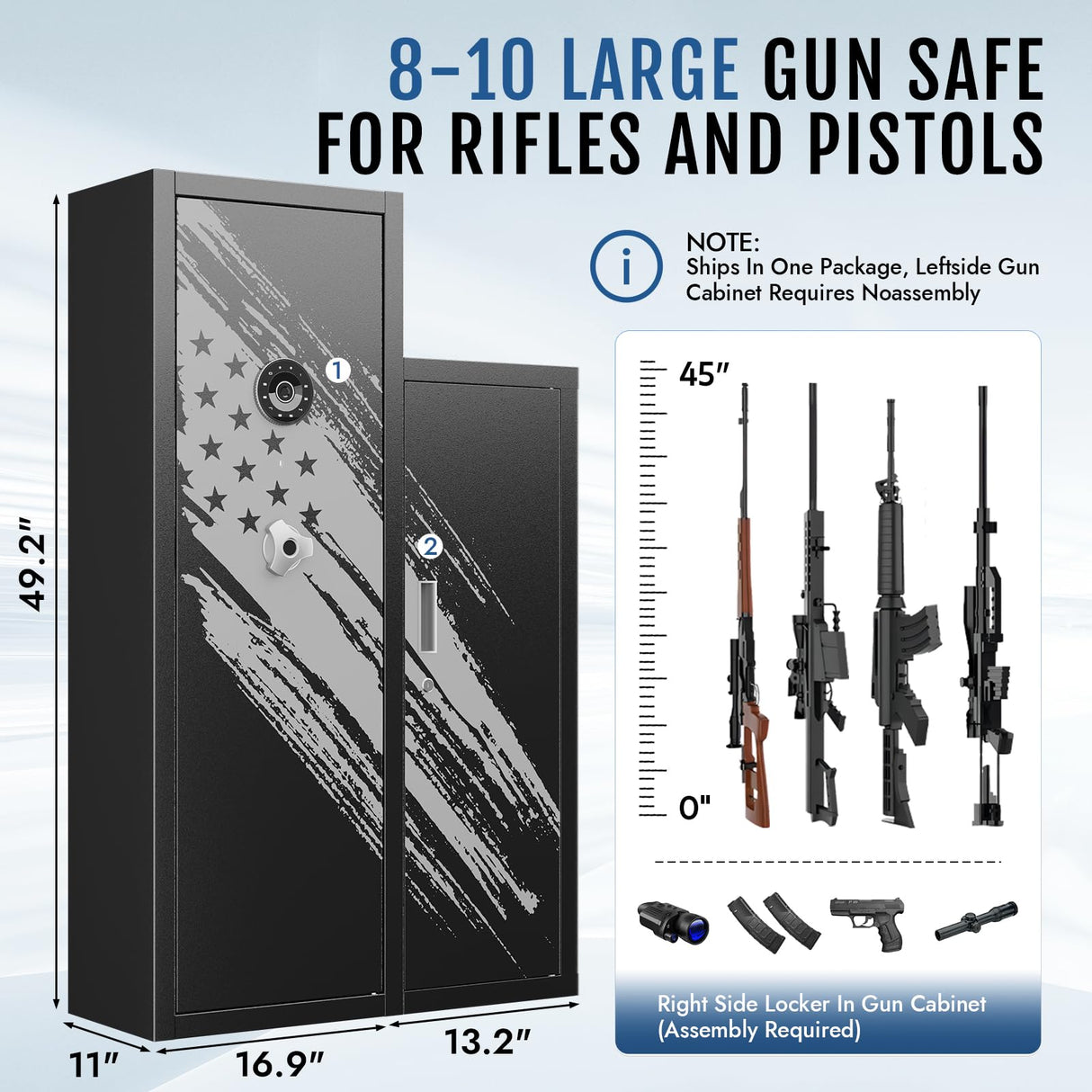 KAER 8-10 Gun Safe, Large Gun Safe for Rifles and Pistols, Quick Access Home Gun Rifle Safe and Storage Gun Locker Cabinet with 4 Pistol Pouches and Removable Shelf for Shotgun, Firearm, Ammo KAER