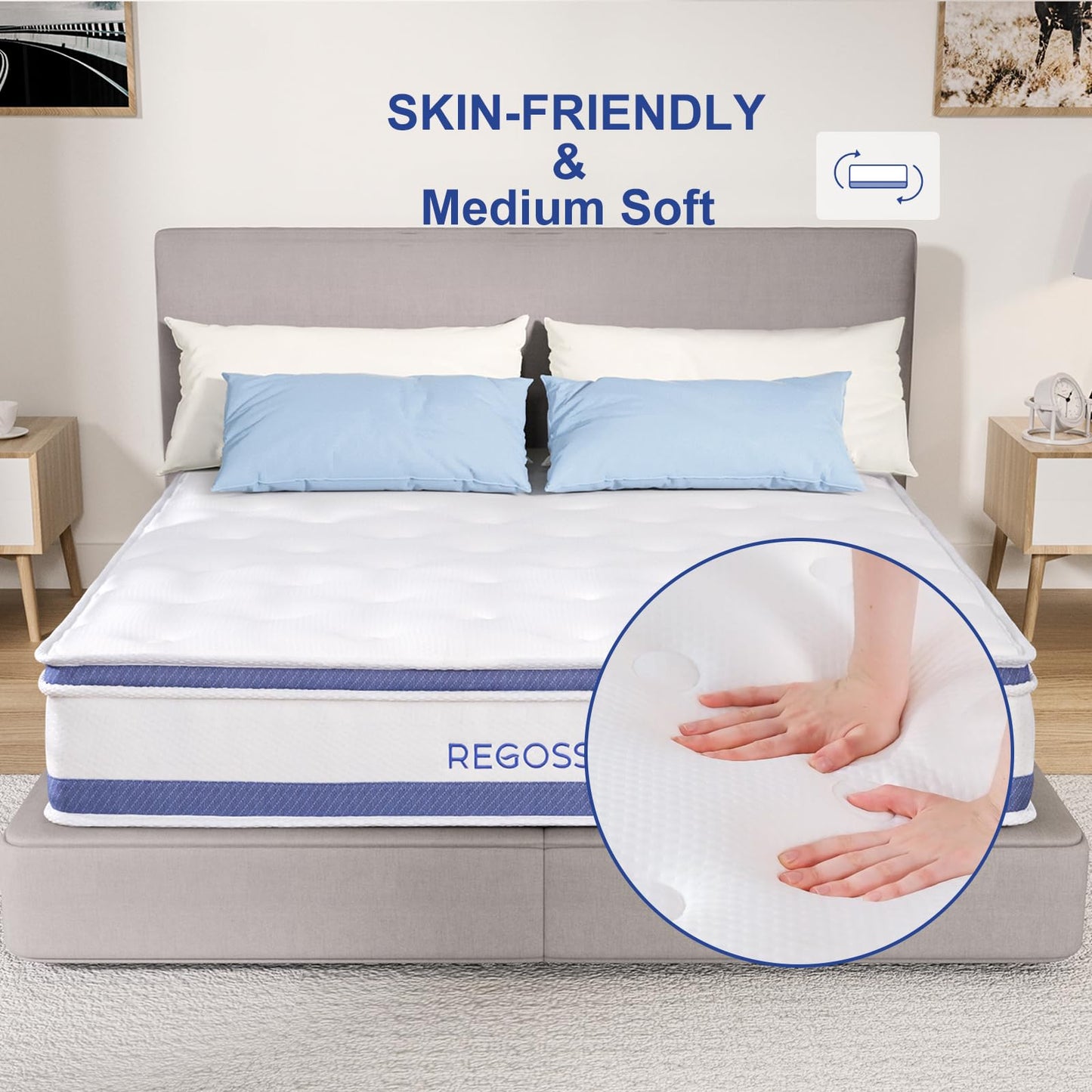 REGOSS Twin Mattress, 10 Inch Twin Mattress Hybrid, Twin Size Mattress in a Box with Memory Foam & Individual Pocket Spring, Twin Mattress Medium Soft Feel Motion Isolation for Pressure Relief