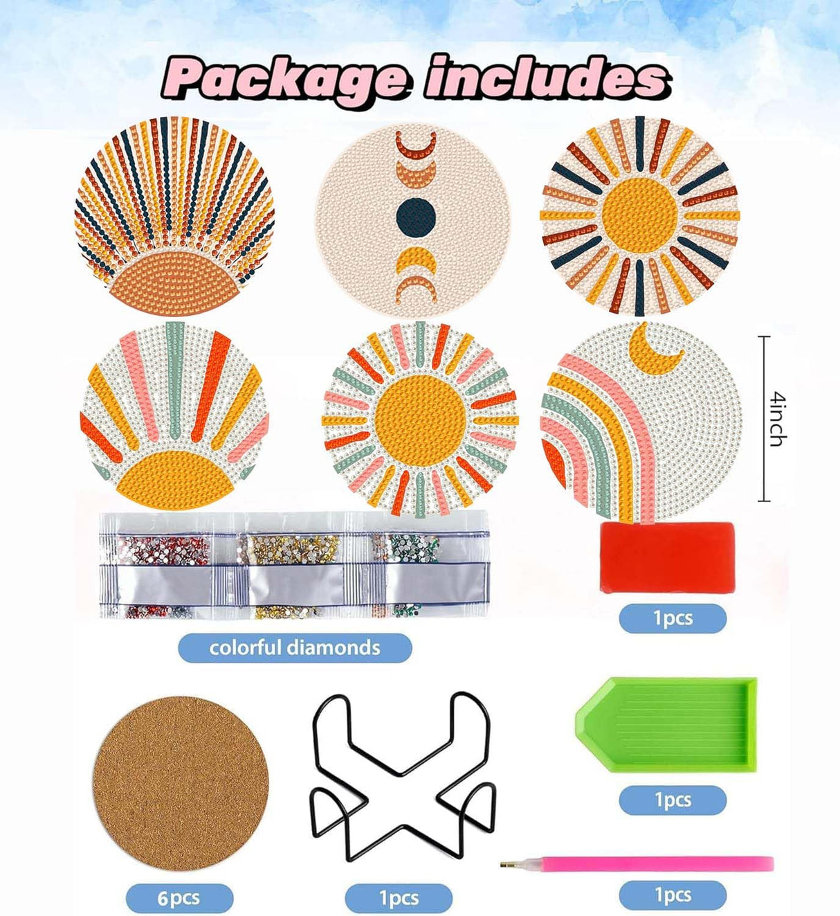 5D DIY Boho Minimalist Sun Moon Diamond Paintings Coasters with Holder for Adults Beginners, 6 pcs Round Full Drill Diamond Art Craft Supplies (Sun Moon QLBD-16) Generic