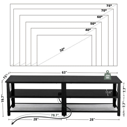 Clikuutory Modern Black 63 inch Metal TV Stand with LED Lights and Power Outlets for 40 50 55 60 65 70 Inch TVs, 3 Tier Television Stands with Entertainment Center and Storage for Living Room, Bedroom