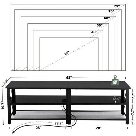 Clikuutory Modern Black 63 inch Metal TV Stand with LED Lights and Power Outlets for 40 50 55 60 65 70 Inch TVs, 3 Tier Television Stands with Entertainment Center and Storage for Living Room, Bedroom Clikuutory