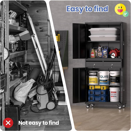KOKEBREN 73'' Metal Storage Cabinet, Heavy Duty Storage with Wheels, Locking Doors and 2 Drawers, Adjustable Shelves for Garage, Workshop, Office, Black KOKEBREN