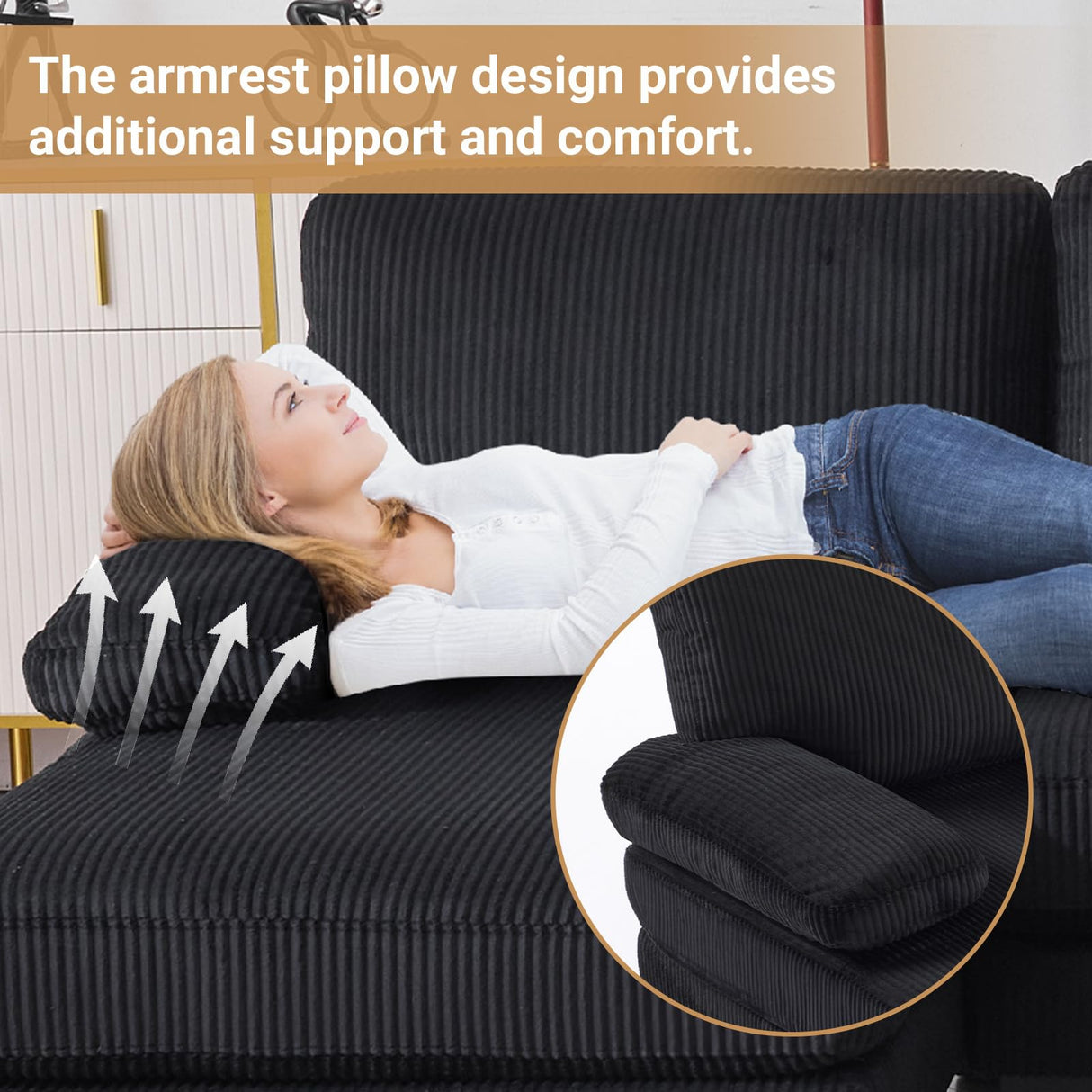 VINGLI 110" Sectional Couches for Living Room,U Shaped Couch with Double Chaise, 4-Seat Sofa Set with Corduroy Fabric for Home Furniture,Black VINGLI