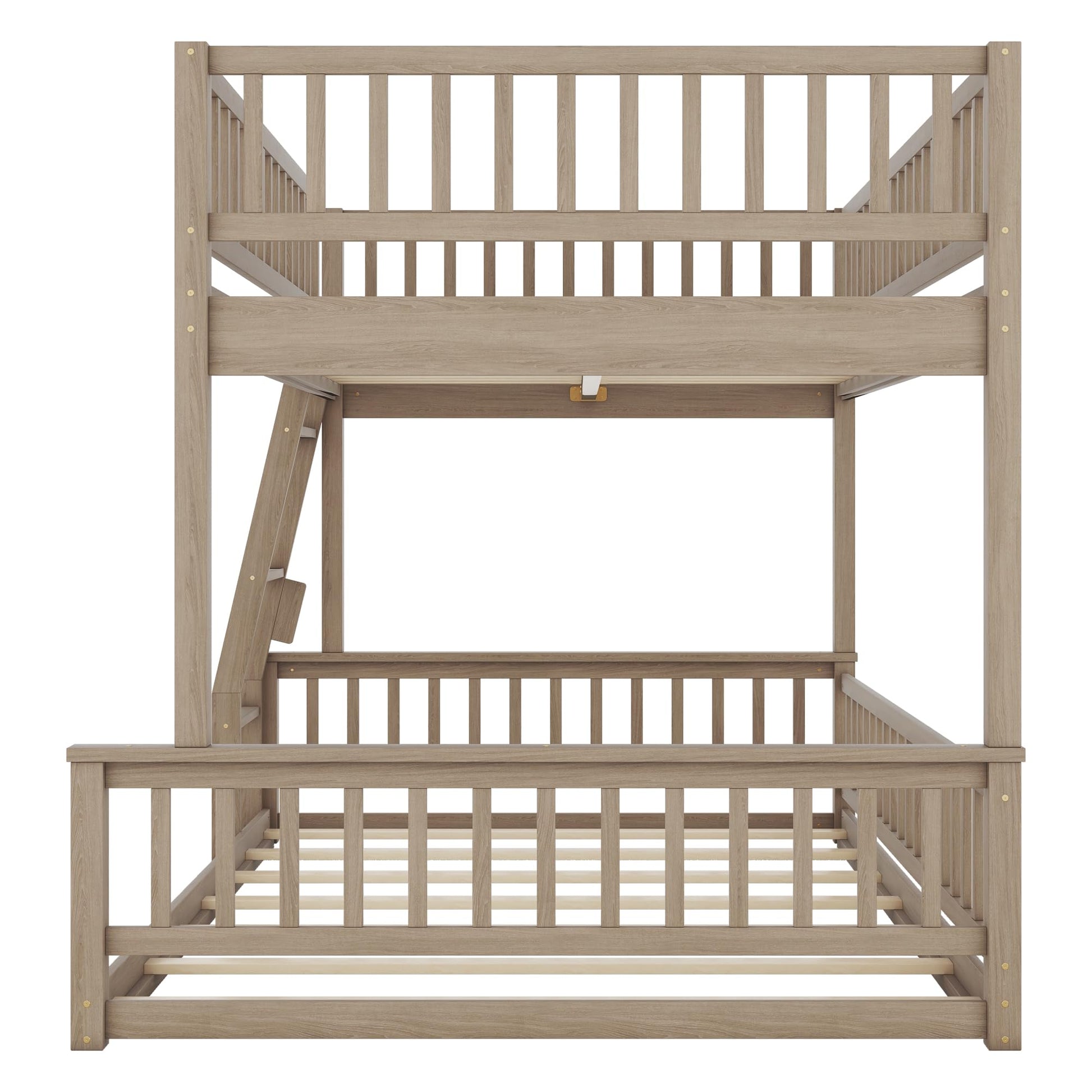 KLMM Walnut Finish Wood Full XL Over Queen Bunk Bed with Ladder and Guardrails - WoodArtSupply