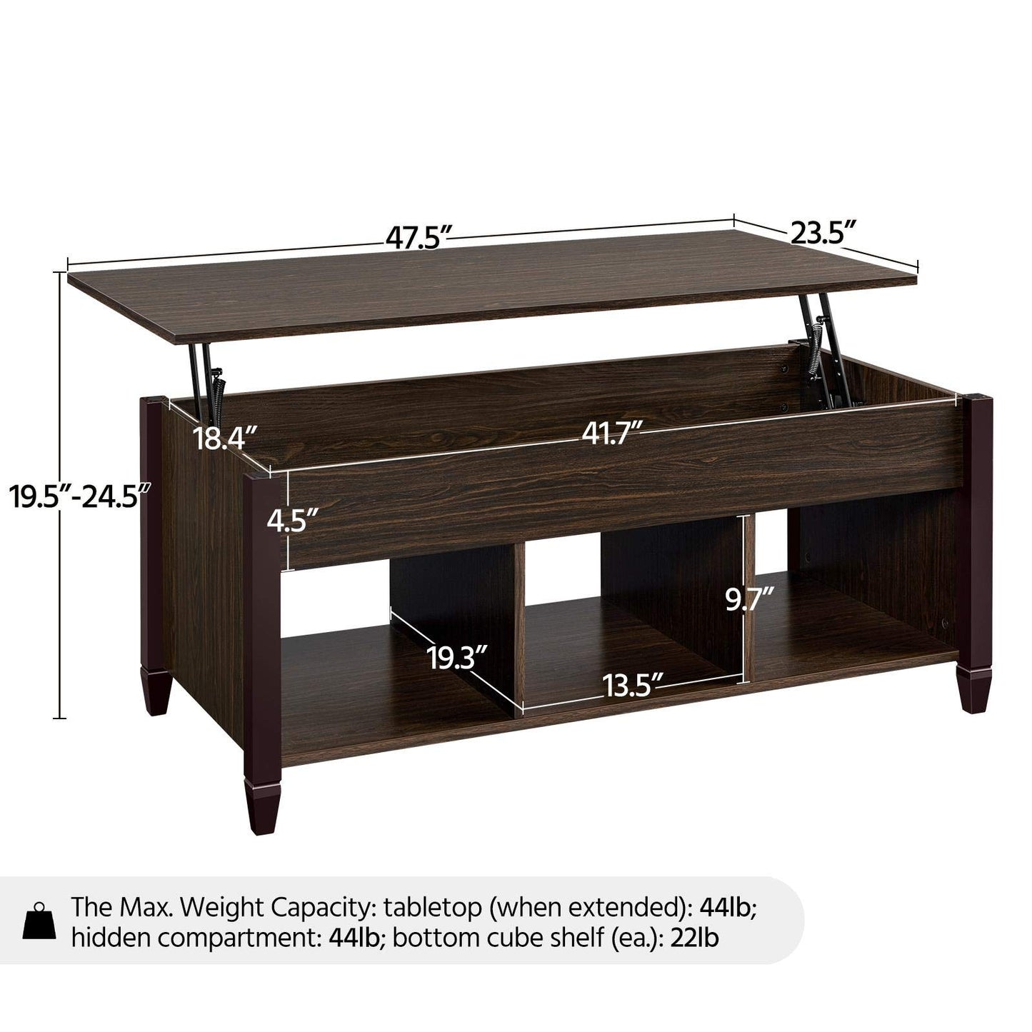 Yaheetech Coffee Table, 47.5in Lift Up Coffee Table with Hidden Storage Compartment & Shelf, Lift top Dining Center Table for Living Room, Espresso