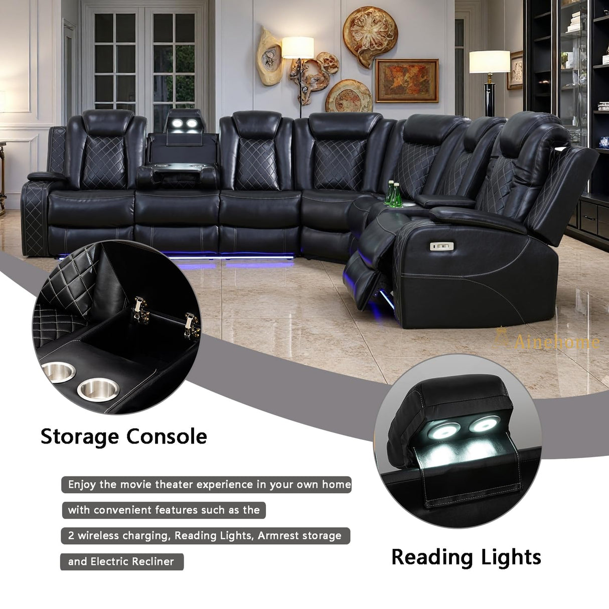 A Ainehome Black Leather Power Reclining Sectional Sofa with LED, Power Recliner Sectional Couch with Recliner Living Room Set with USB Port&Read Light for Living Room A Ainehome
