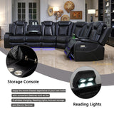 A Ainehome Black Leather Power Reclining Sectional Sofa with LED, Power Recliner Sectional Couch with Recliner Living Room Set with USB Port&Read Light for Living Room A Ainehome