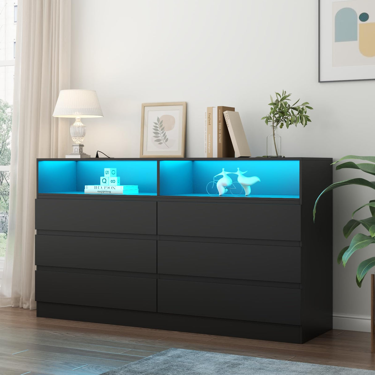 Gyfimoie 6 Drawers Dresser with Power Outlet, Black Chests of Drawers with LED Light, Modern Storage Dresser for Bedroom, Living Room Gyfimoie