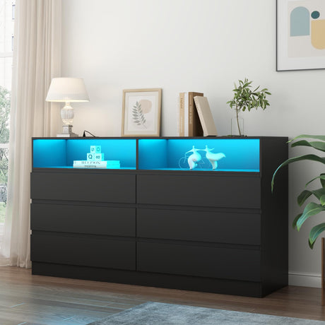 Gyfimoie 6 Drawers Dresser with Power Outlet, Black Chests of Drawers with LED Light, Modern Storage Dresser for Bedroom, Living Room Gyfimoie